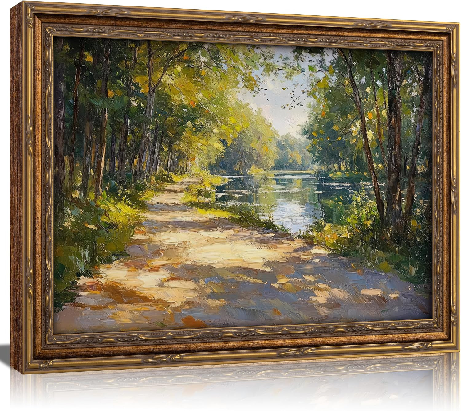 Vintage Gold Framed Canvas Wall Art Sunshine Forest Impressionist Landscape Painting Picture Wall Decor Spring Summer Green River Nature Scenery Poster Print Artwork for Living Room Bedroom | Amazon (US)
