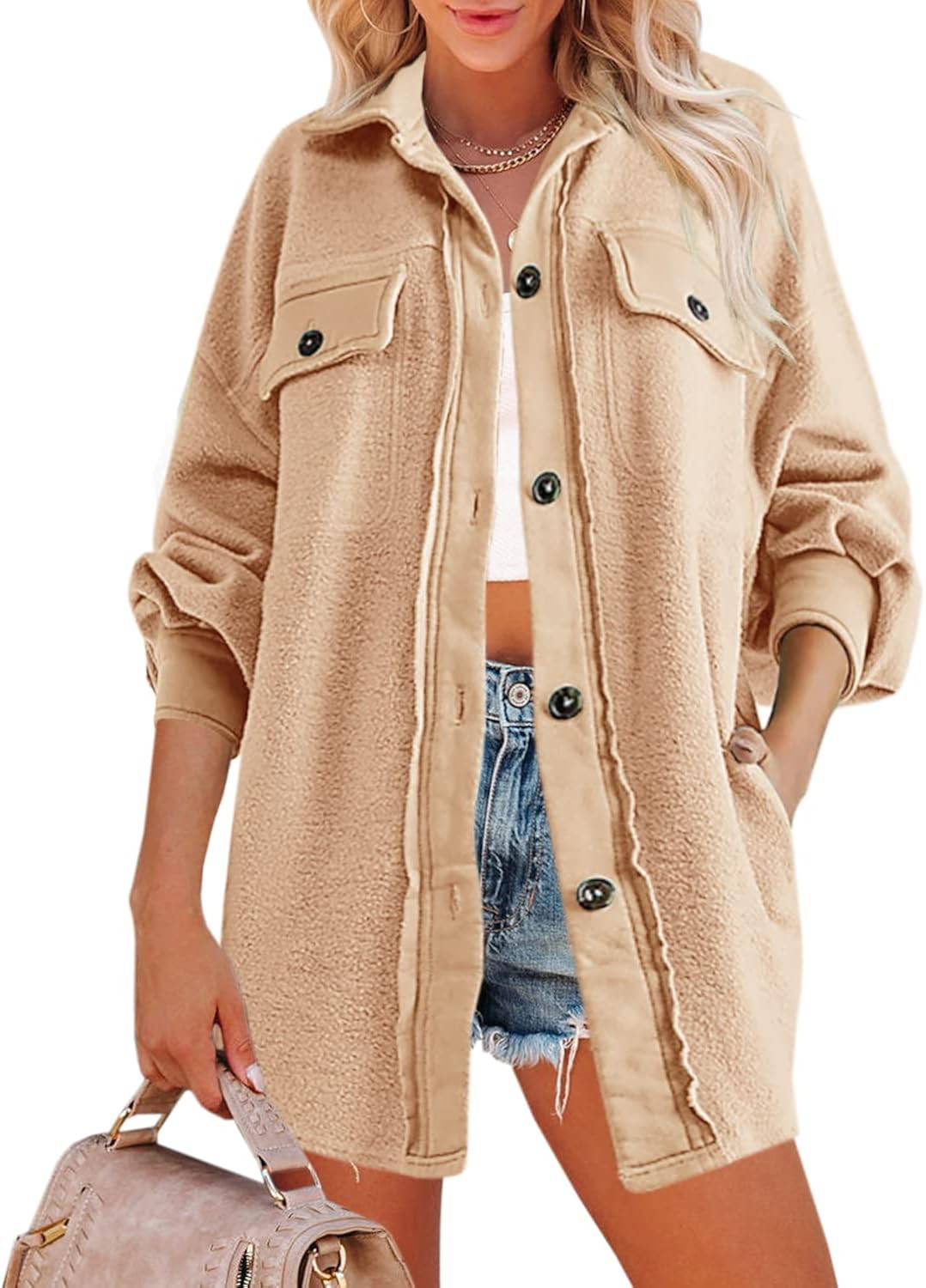 LAMISSCHE Womens Oversized Button Down Shacket Fuzzy Fleece Long Sleeve Jackets Warm Sherpa Colla... | Amazon (US)