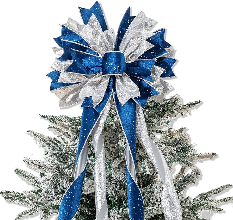 Blue Sliver Christmas Tree Topper, 40x13 Inches Toppers Bow with Glitter Satin Mesh Streamer and ... | Amazon (US)