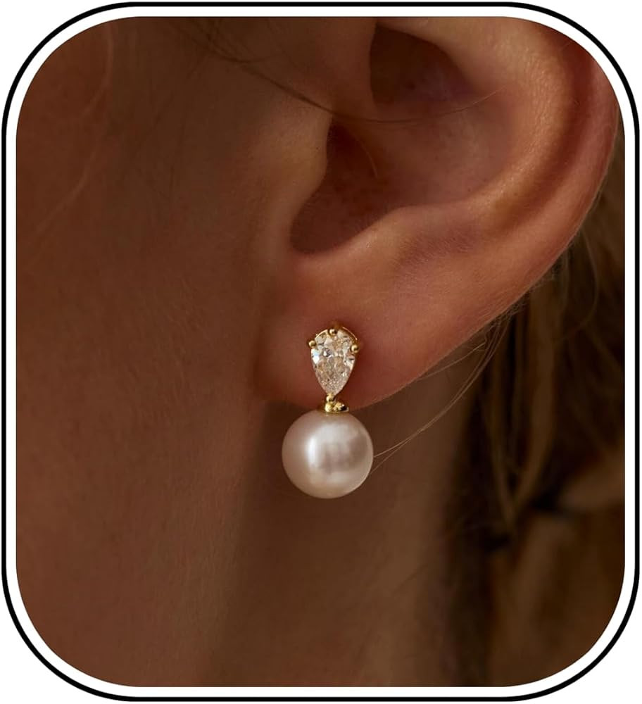 Pearl Earrings for Women,Dainty 14k Gold Plated Pearl Drop Earring Gold Bridal Dangle Earring Sma... | Amazon (US)