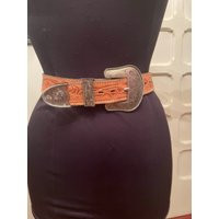 Woman's Cowboy Belt | 1980's| Tooled Leather |Faux Silver Belt Buckle | Etsy (US)