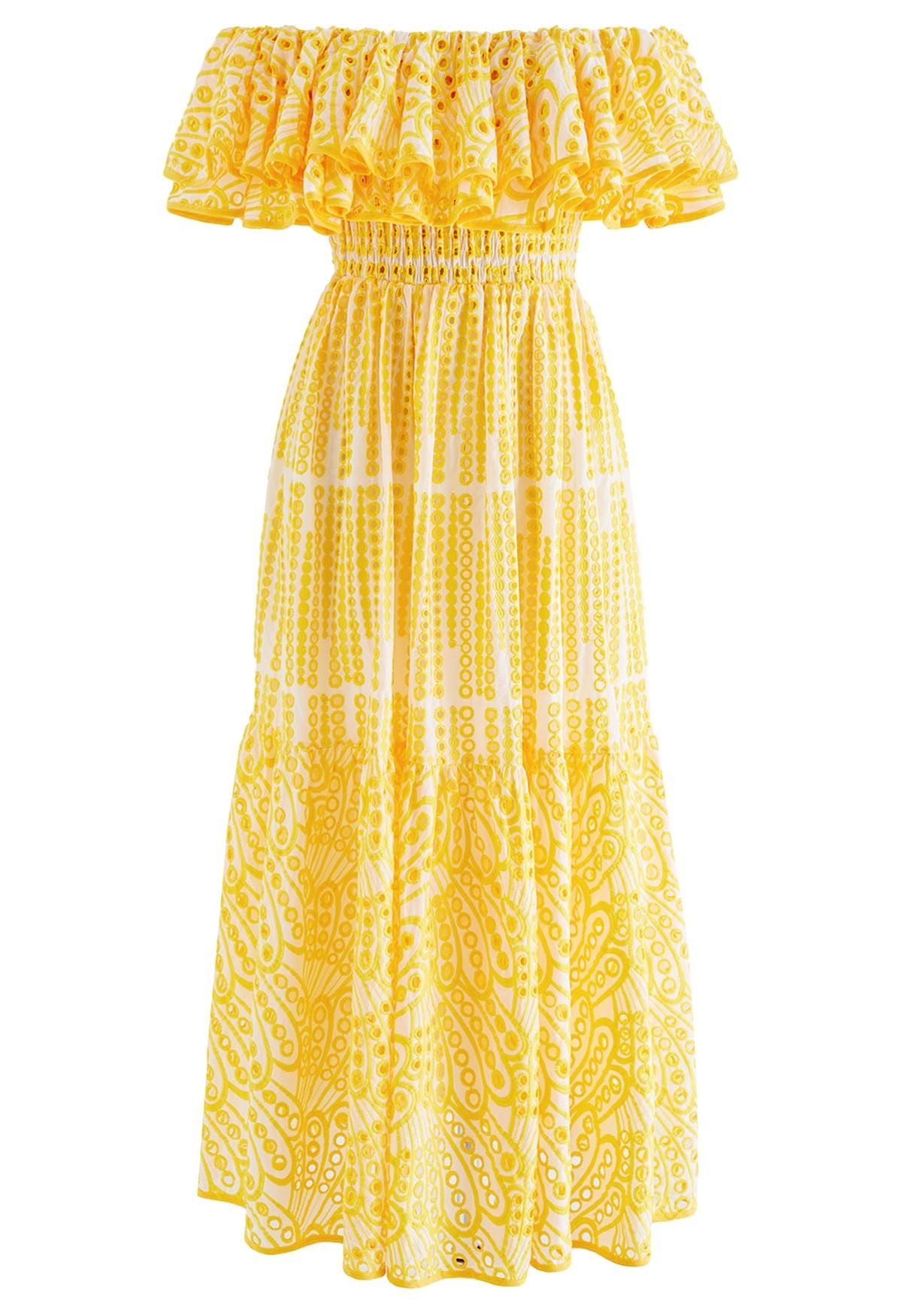 Off-Shoulder Tiered Ruffle Embroidered Eyelet Dress | Chicwish