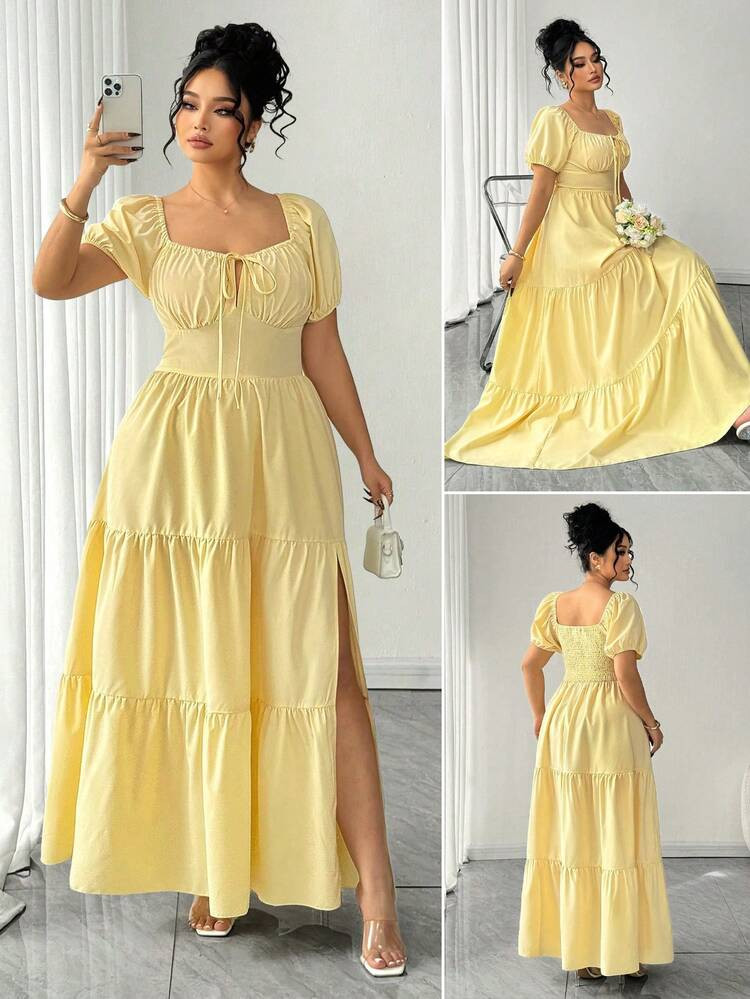 Elenzga Women's Plus Size Yellow Woven Fabric Maxi Dress With Short Sleeves And Side Slit Detail | SHEIN