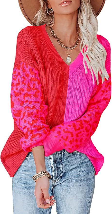 ANCAPELION Women’s V Neck Sweater Pullover Leopard Long Sleeve Basic Color Block Jumper Casual ... | Amazon (US)