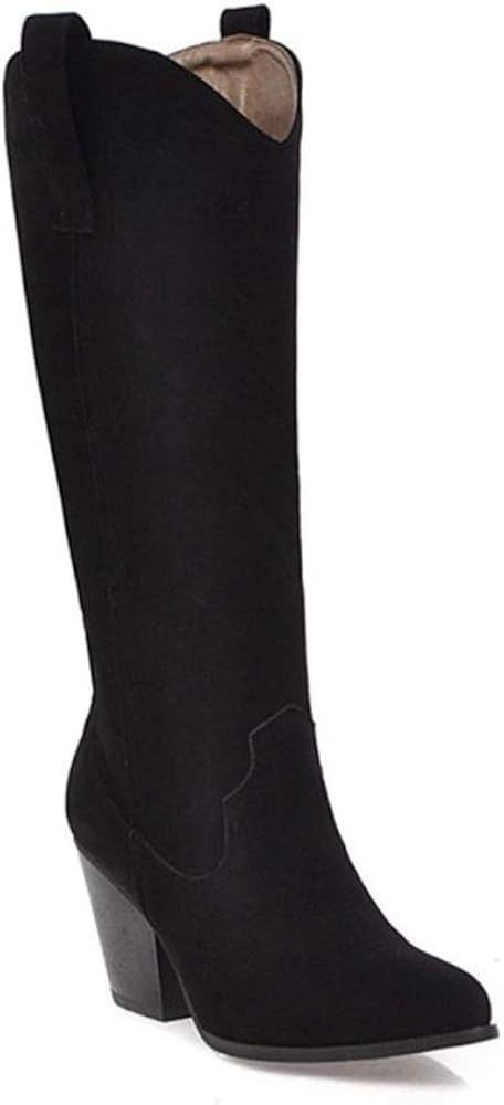 Women's Western Pointed Toe Knee High Boots Pull on Leather Chunky High Heel Cowgirl Cowboy Boots | Amazon (US)