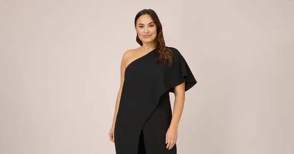 Plus Size Flutter One Shoulder Jumpsuit In Black | Adrianna Papell