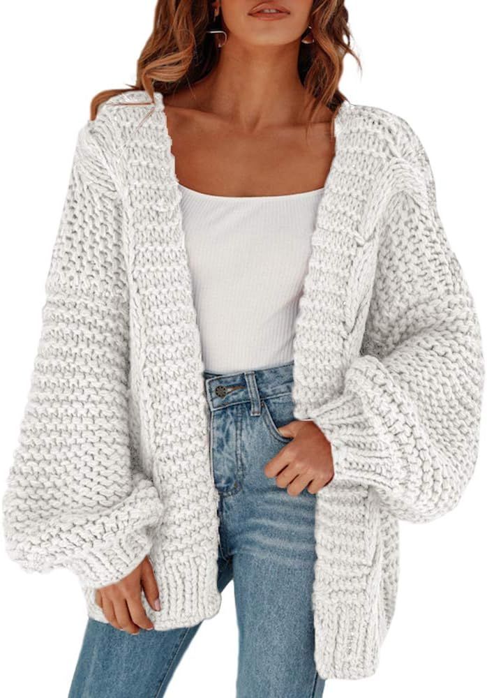 Cicy Bell Women's Open Front Chunky Knit Cardigan Loose Lantern Sleeve Oversized Sweater Coats | Amazon (US)