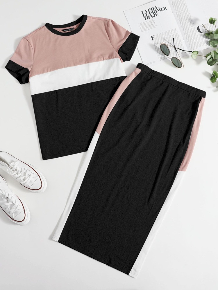 SHEIN Color Block Tee and Pencil Skirt Set | SHEIN