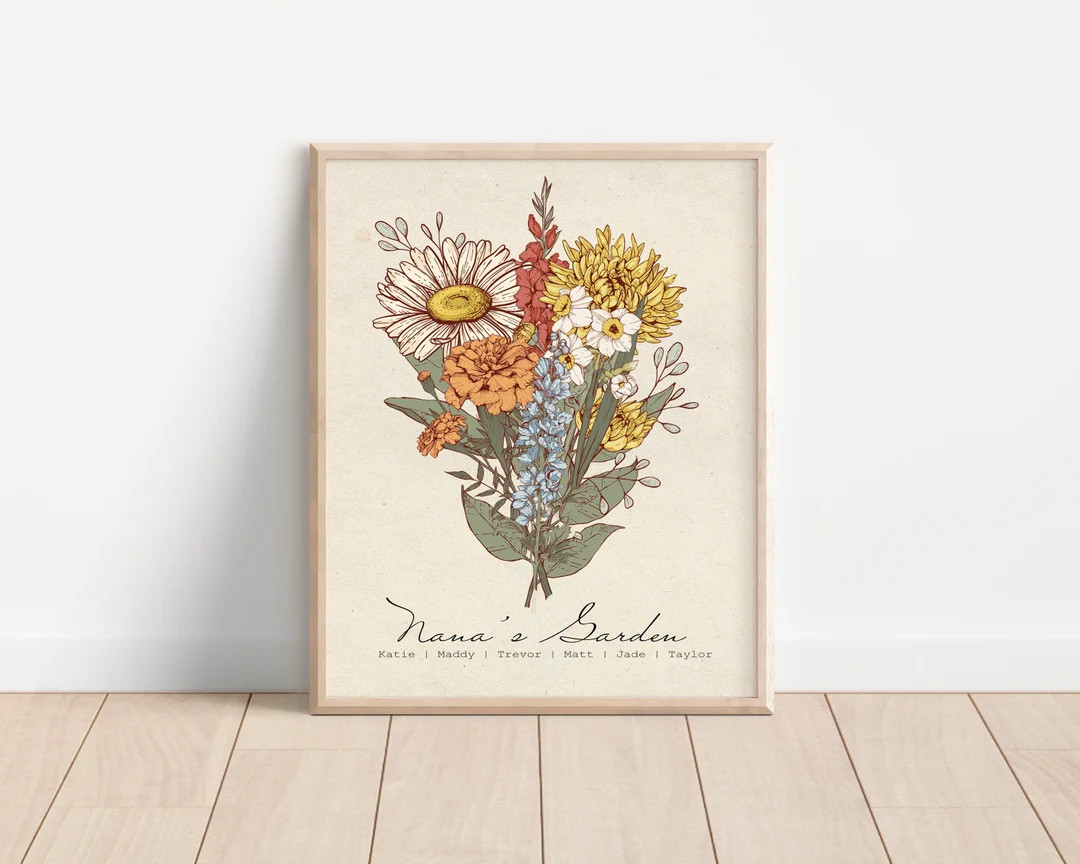 Birth Flower Bouquet Christmas Personalized Gift Grandma Mom Christmas Gift Printable Gift Person... | Etsy (US)