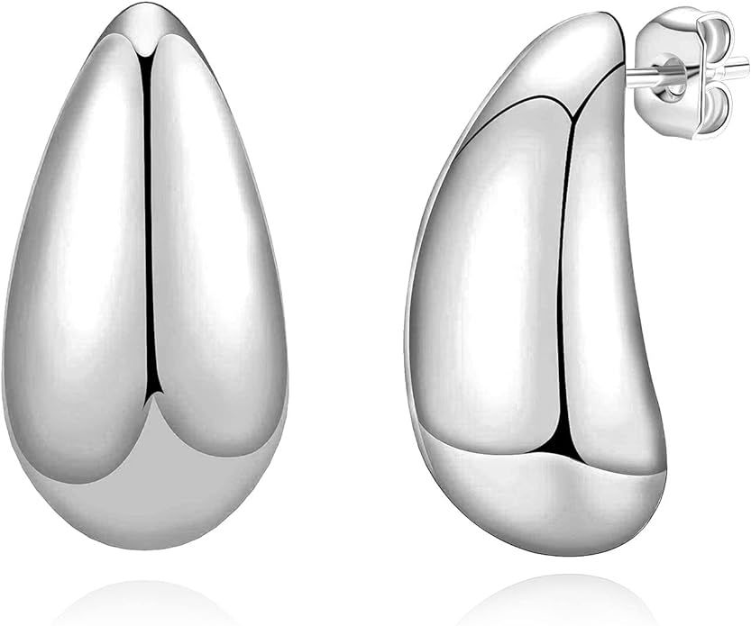 Chunky Hoop Earrings,18K Gold/Silver Plated Teardrop Dupes Earrings Lightweight Waterdrop Earring... | Amazon (US)