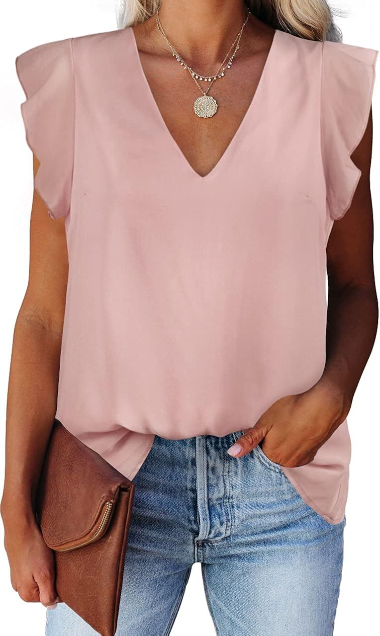 Alice CO Women's Summer V Neck Cap Sleeve Chiffon Casual Flowy Blouse Shirts Tee | Amazon (US)