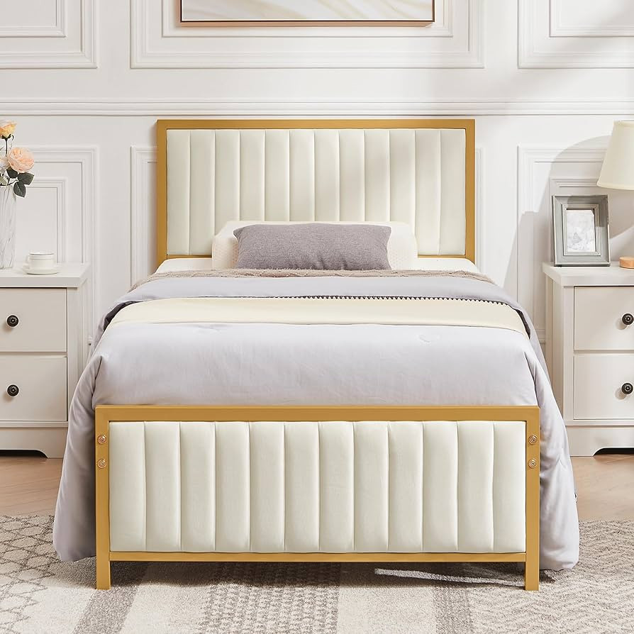 VECELO Twin Bed Frame with Upholstered Tufted Headboard & Footboard, Heavy Duty Steel Slats Platf... | Amazon (US)