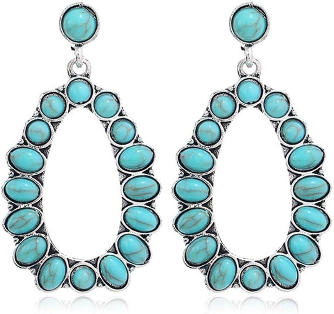 Western Turquoise Oval Hoop Earrings for Women Faux Turquoise Beaded Waterdrop Earrings Boho Coun... | Amazon (US)