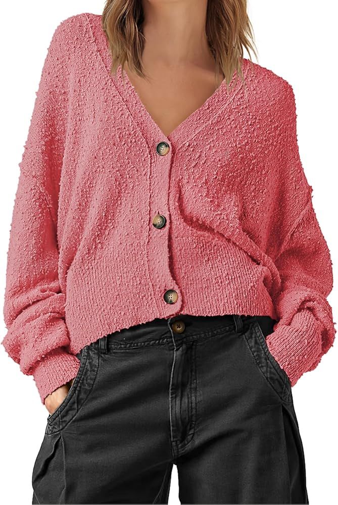 MEROKEETY Womens Cropped Long Sleeve Button Open Front Sweater Oversized Knit Cardigan Outwear Co... | Amazon (US)