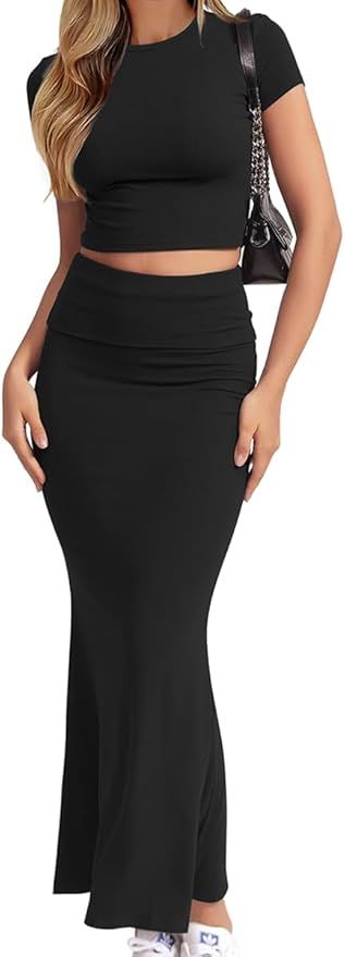 CHYRII Womens Two Piece Sets Short Sleeve Crewneck Cropped Top Bodycon Fold Over Maxi Skirt Maxi ... | Amazon (US)