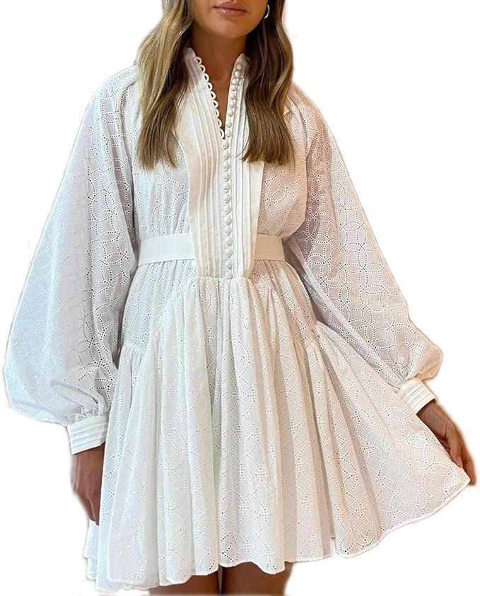 Women's Bohemian Floral Print Button Down Long Lantern Sleeve Shift Tunic Dress Casual Ruffle Swi... | Amazon (US)