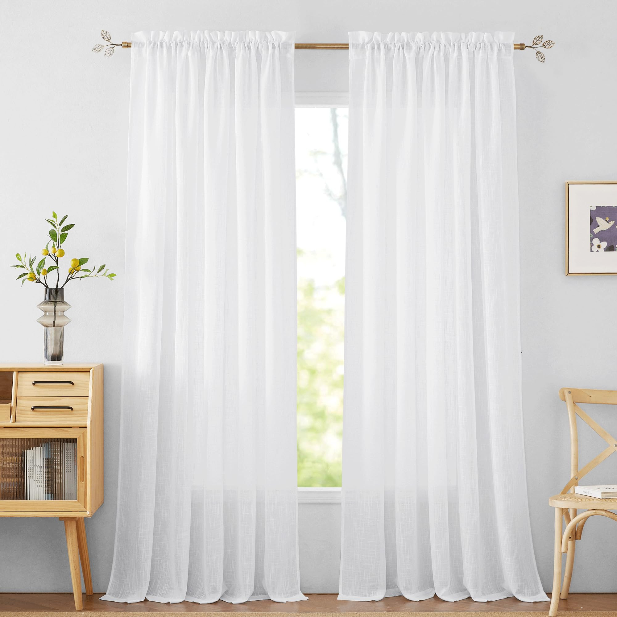 RYB HOME White Curtains Linen Textured Sheer Light Filtering Semi Sheer Curtains 84 inches Long Half Privacy Window Drapes for Living Room Bedroom Dining, Length 84 by Width 52 inch, 2 Panels Set | Amazon (US)