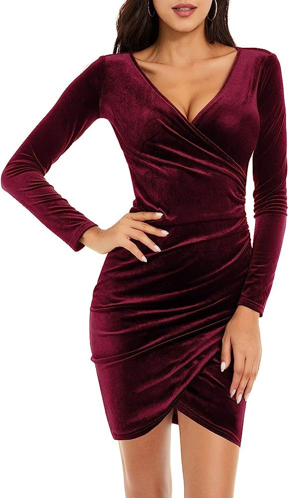 GUBERRY Womens Wrap V Neck Long Sleeve Velvet Bodycon Ruched Cocktail Party Dress | Amazon (US)