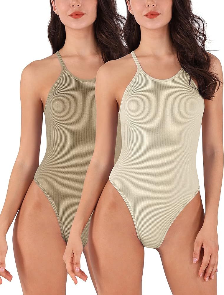 ODODOS Women's 2 Piece Bodysuits Sexy Seamless Ribbed Round Neck Sleeveless Tank Tops | Amazon (US)