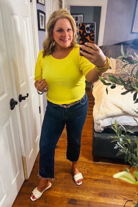 Hello sunshine! Bringing the spring brights!  This balloon sleeve jersey top is as comfortable as it is cheerful. Paired with raw hem jeans in an extra dark wash, leopard print belt and sandals that are 20% off this week!
Spring outfits, work outfits, yellow, jeans, sandals

#LTKstyletip #LTKfindsunder50 #LTKSeasonal