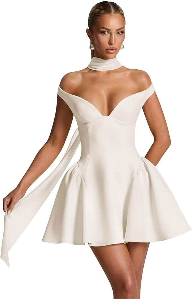 Teens Satin Homecoming Dresses with Scarf Short Off Shoulder HOCO Dress V Neck Cocktail Party Gow... | Amazon (US)