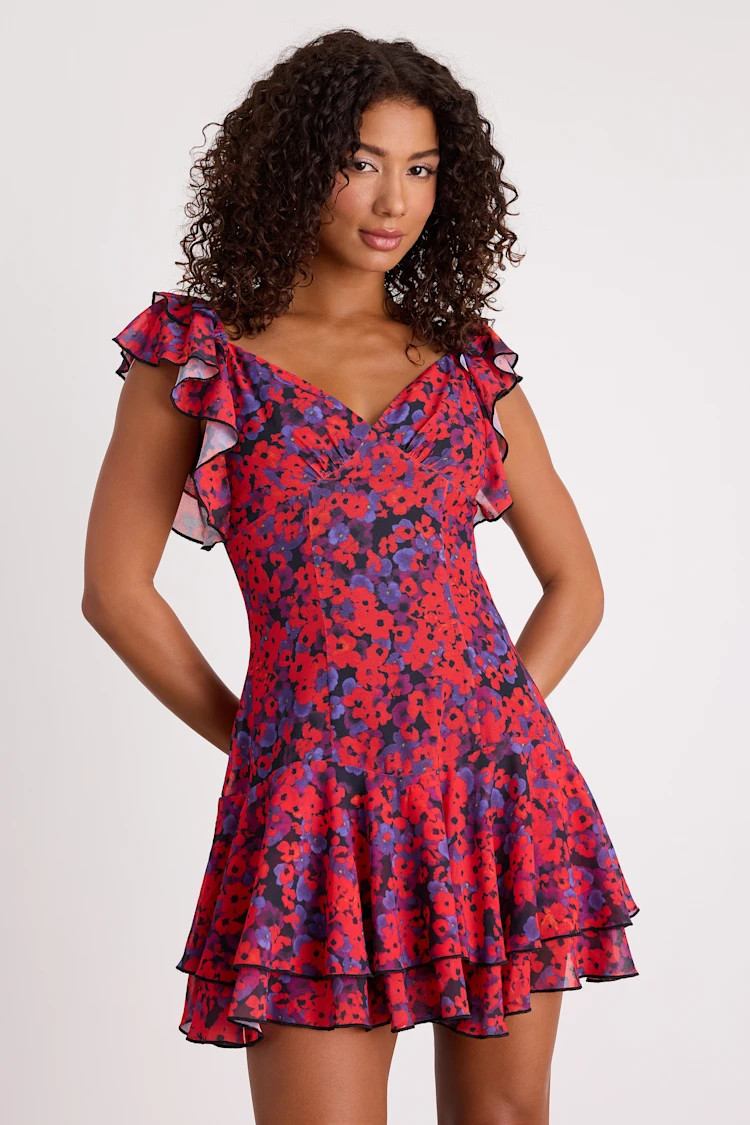 Maulana Red and Black Floral Flutter Sleeve Mini Dress | Lulus