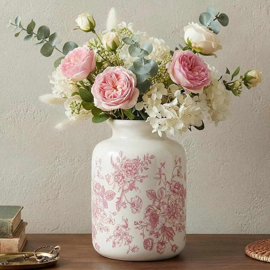 Pink Vintage Floral Vase Retro Rustic Chinoiserie Floral Vase Ice Cracked Ceramic Large Holder fo... | Amazon (US)
