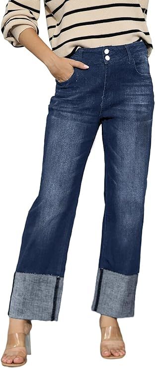BWQ Jeans for Women High Waist Stretchy Straight Leg Mom Jeans Long Boyfriend Denim Jeans | Amazon (US)