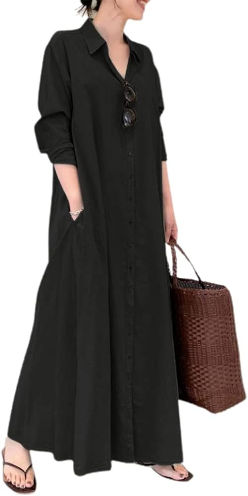 chouyatou Women's Basic Loose Fit Long Sleeve Button Up Maxi Shirt Dress with Pockets | Amazon (US)