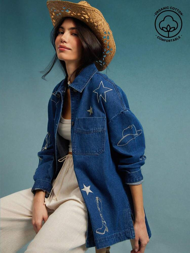 WESTFADE Chaqueta Vaquera De Denim Premium Bordada Con Cuello, Botones Delanteros, Manga Larga, Estilo Western, Sombrero De Vaquero, Estrella, Bota De Vaquero, Casual, Boho, De Vuelta Al Colegio, Otoño, Invierno, Concierto Country, Ropa Western | SHEIN