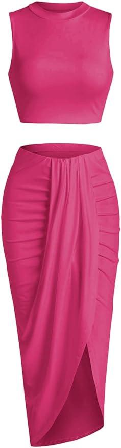 ZAFUL Women's Casual Sleeveless Summer Two Piece Outfits Crop Top and Side Split Draped Ruched Ma... | Amazon (US)