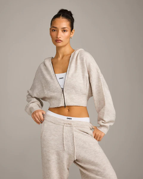 Oversized Knit Zip Through Mid Hoodie 
 Oat Marl | Oner Active (UK / US)