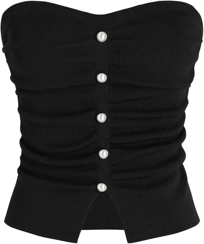 CIDER Faux Pearl Tube Tops for Women Crop Knit Split Hem Ruched Going Out Tops Cute Summer Outfit... | Amazon (US)