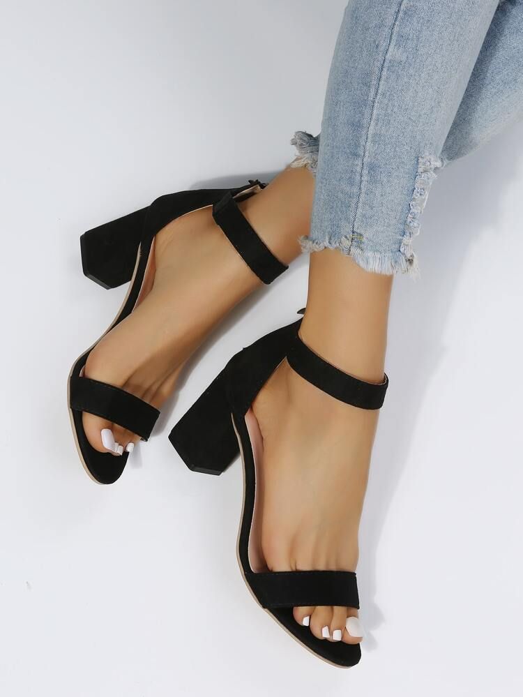 Women Minimalist Chunky Heeled Ankle Strap Sandals, Elegant Black Heeled Sandals | SHEIN