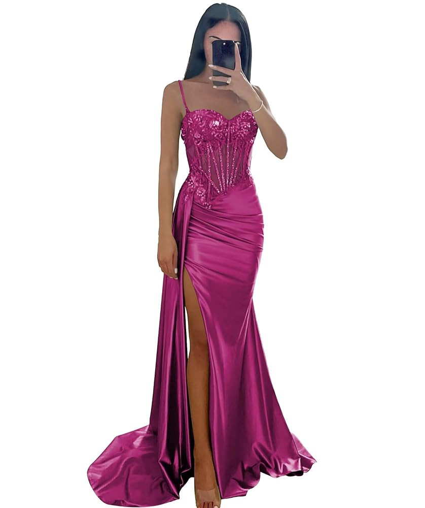 Satin Mermaid Prom Dresses for Women 2025 Spaghetti Straps Lace Formal Gowns and Evening Dresses with Slit | Amazon (US)
