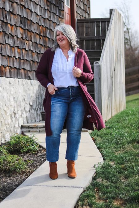 Rich, sleek booties ground this outfit that would perfect for the holidays. 
Jeans 18.; Cardigan 2X; Blouse Old; Booties TTS

#midsizestyle #midsizefashion #plussizestyle #plussizeholidayoutfit #longcardiganoutfit

#LTKshoecrush #LTKcurves #LTKSeasonal
