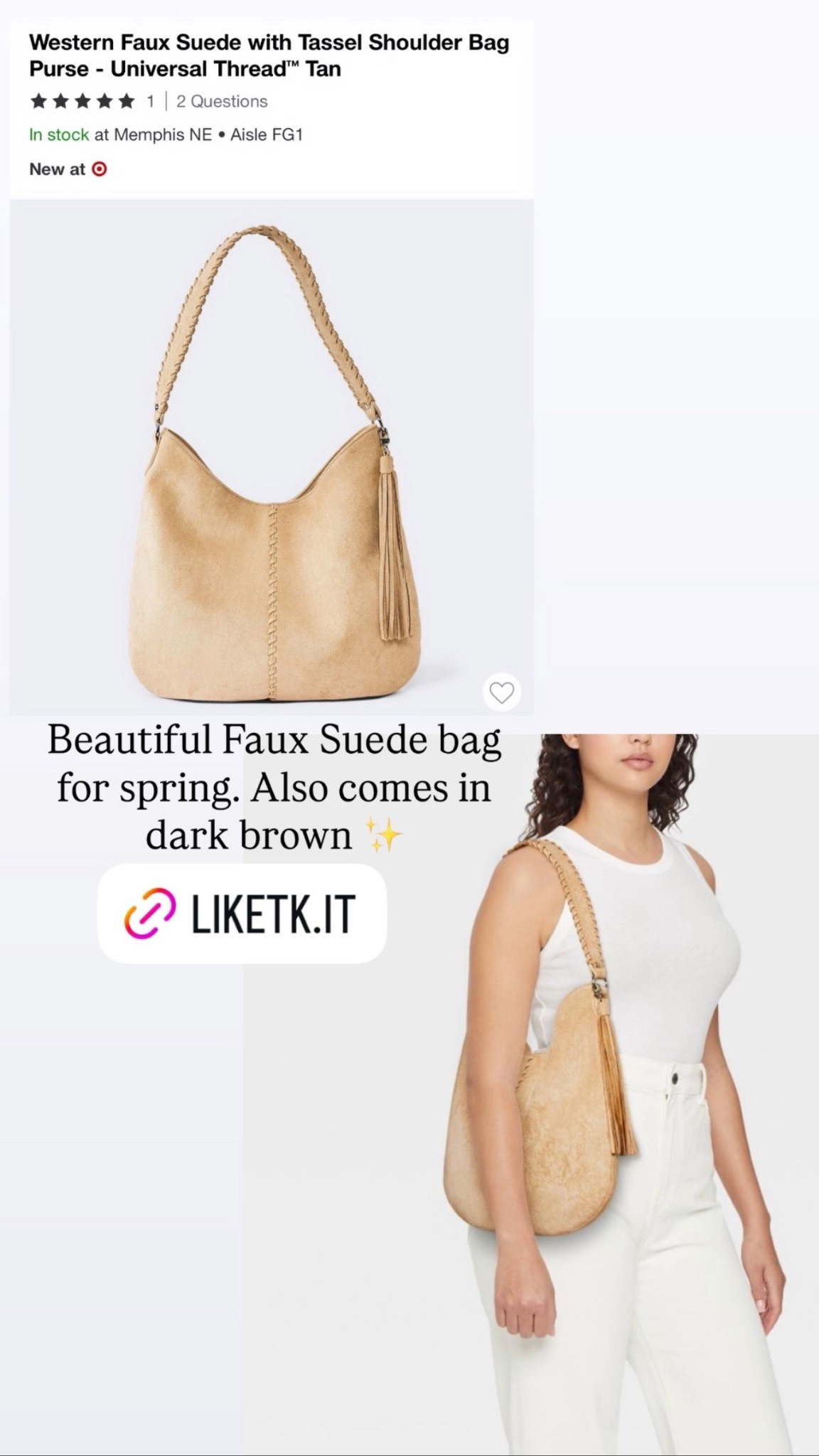 New western style hobo tote bag for spring @Target . It’s a beautiful faux suede material and it’s available in this light beige color or dark brown. Looks so much more expensive than what it is. 

#LTKootd #LTKWorkwear #LTKSeasonal