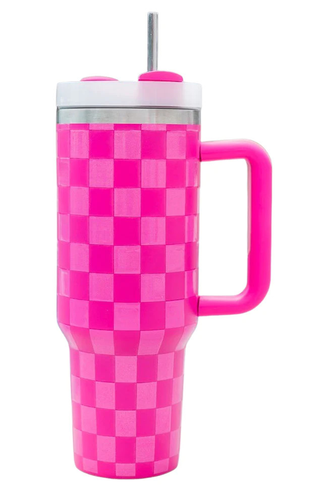 Sippin' Pretty Pink Tonal Checkered 40 oz Drink Tumbler With Lid And Straw DOORBUSTER | Pink Lily