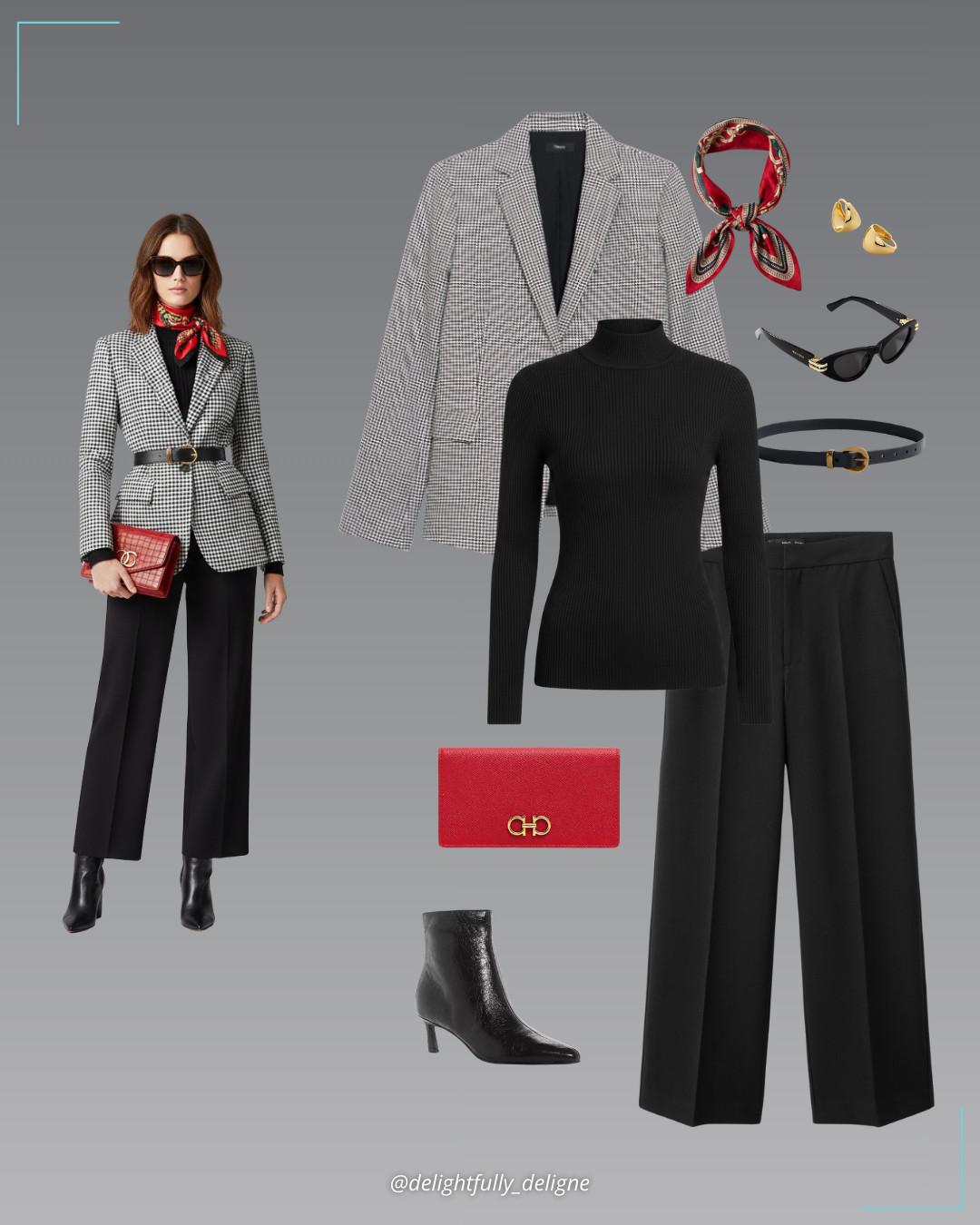 Graphic Classic Edit 🖤❤️Houndstooth linen-blend slim-fit blazer, black mock-neck wool-blend knit top, high-waist straight pants, multi-pattern silky bandana square scarf, black leather ankle boots, chunky buckle skinny leather belt, red Gancini continental wallet, cat-eye sunglasses & tapered huggie earrings. 

 #LTKgrwm #LTKootd #LTKOver40