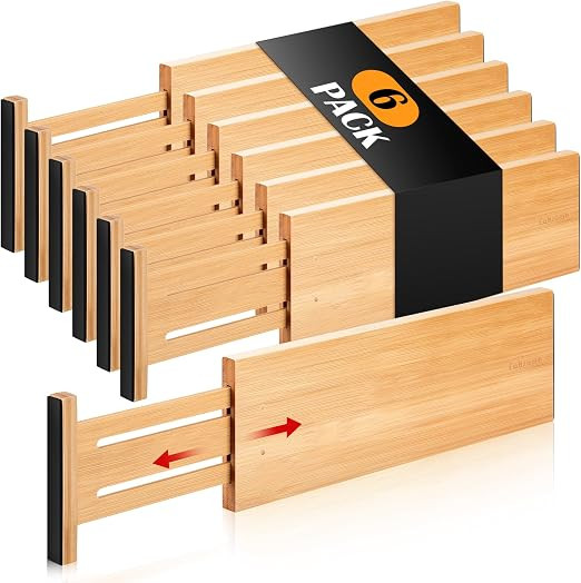 Dresser Drawer Organizers 6 Pack, 4.65'' High Adjustable from 12.5-17‘’ Bamboo Drawer Divider... | Amazon (US)