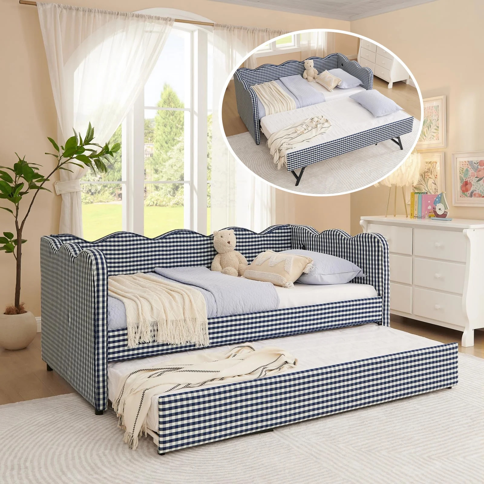 Twin Size Gingham Daybed with Trundle, Wave Shaped Sofa Bed with USB Port, No Box Spring Needed | Walmart (US)