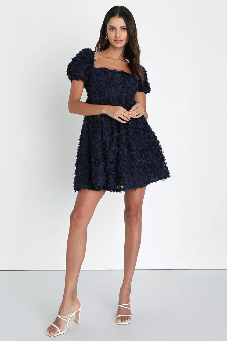 Precious Passion Navy Blue Floral Puff Sleeve Babydoll Dress | Lulus (US)