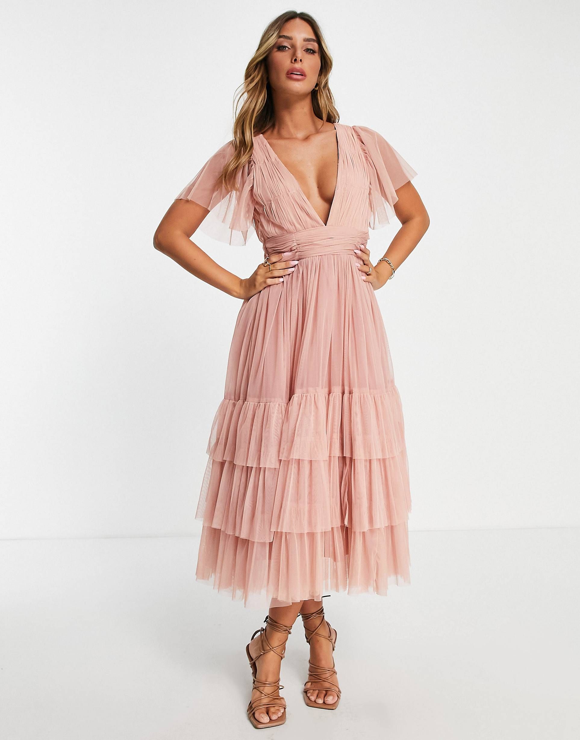 Lace & Beads Bridesmaid Madison v neck tulle dress in blush | ASOS (Global)