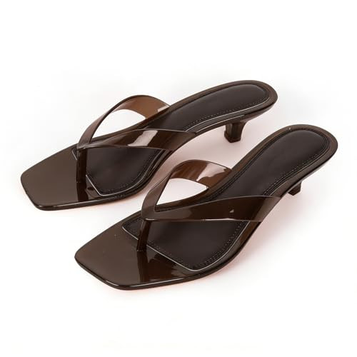 FIFSY Jelly Kitten Heel Flip Flops for Women Clear Square Open Toe Heeled Sandals Low Heel Thong Sandals Slip-on Clear Heels Shoes, Black US7.5 | Amazon (US)