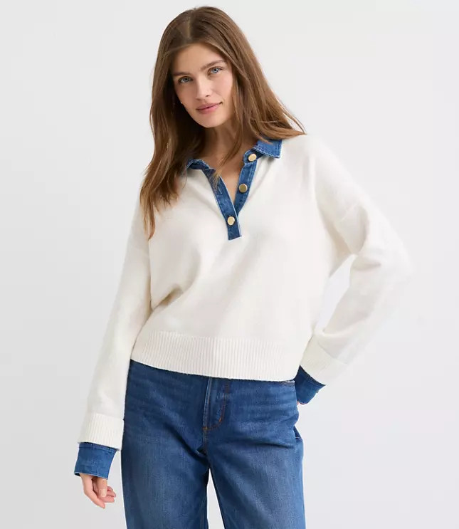 Denim Trim Henley Sweater | LOFT