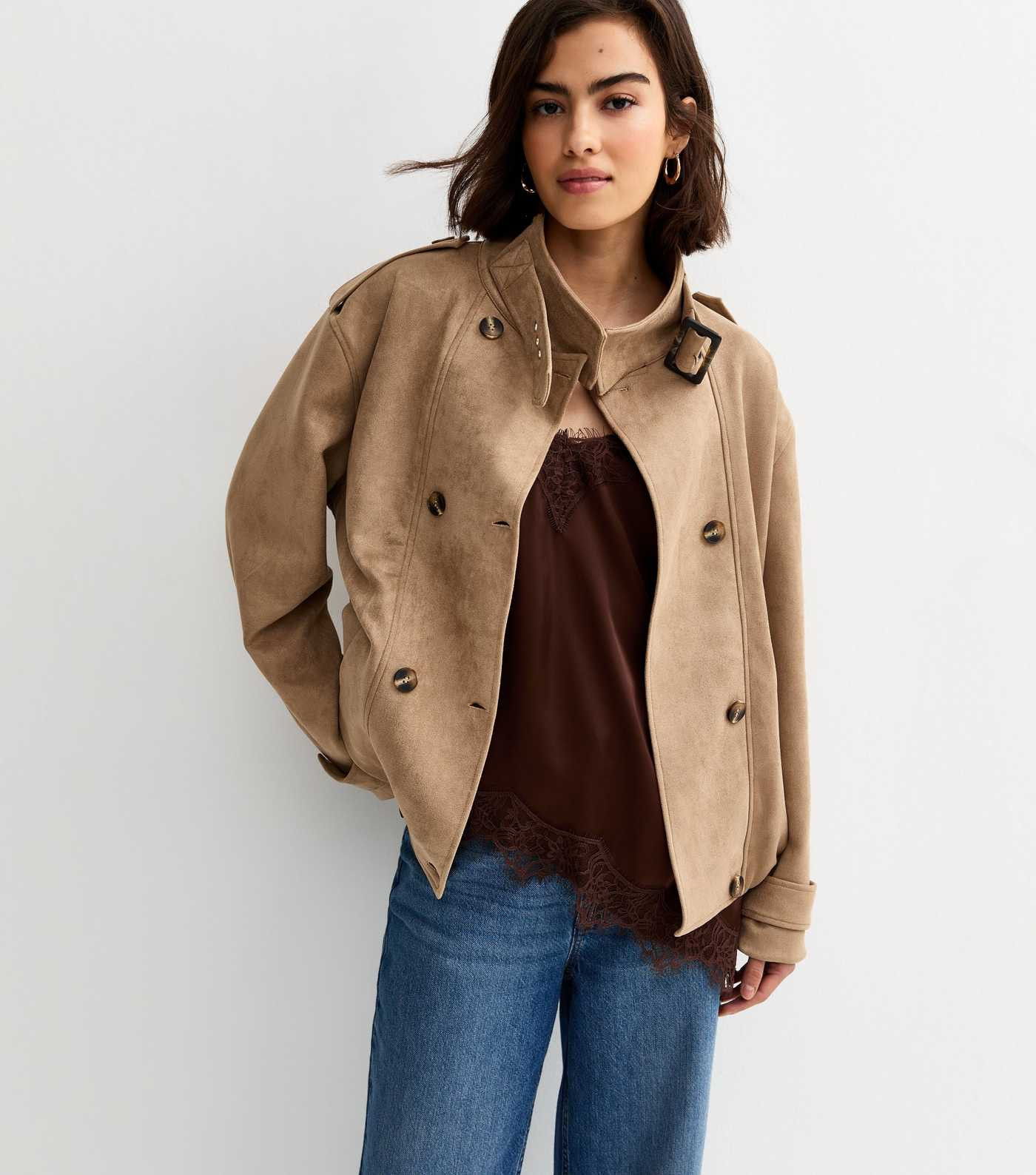 Camel Faux Suede Double Breasted Bomber Jacket | New Look | New Look (UK)