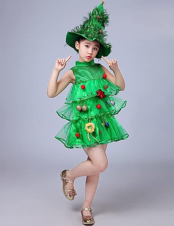 AGQT Girls Christmas Tree Costume Xmas Party Tutu Dress with Hat Size 1-11T | Amazon (US)