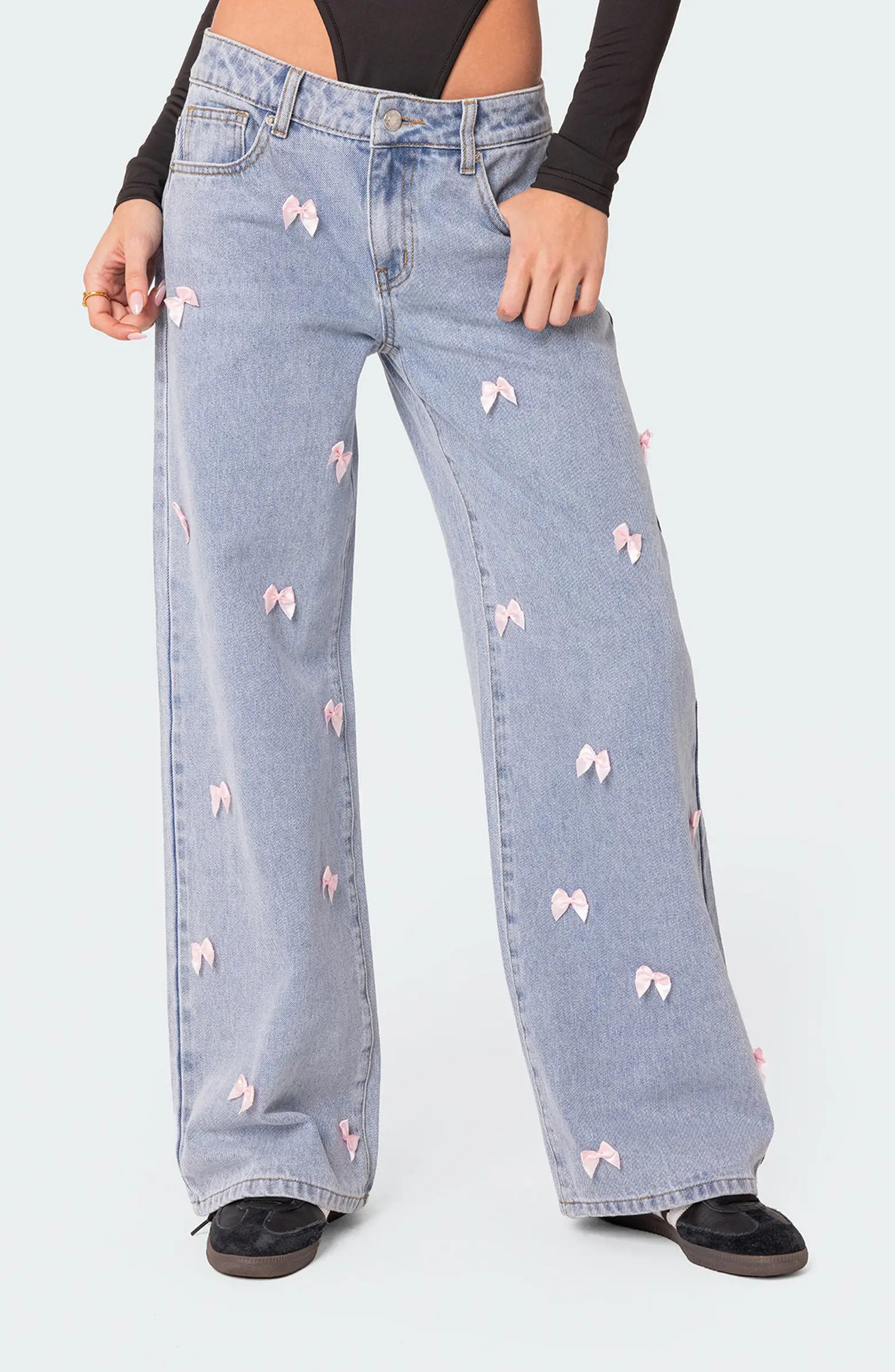 EDIKTED Lucille Satin Bow Wide Leg Jeans | Nordstrom | Nordstrom