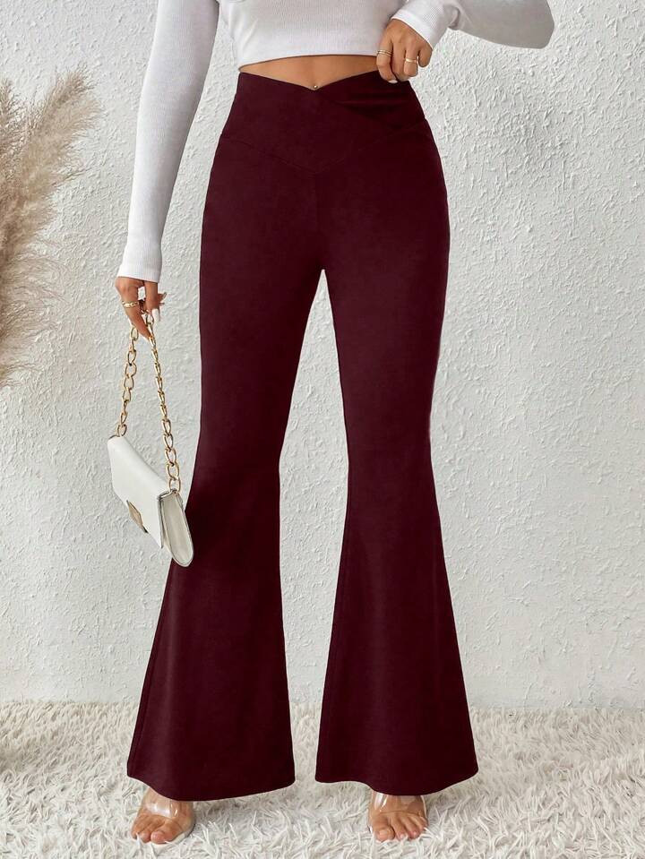 SHEIN LUNE Women Plain Minimalist Casual Flared Leg Trousers | SHEIN USA | SHEIN