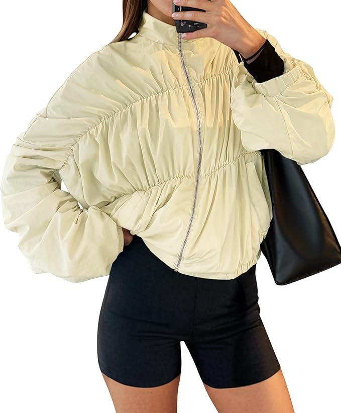 Yousify Womens Lightweight Bomber Jacket Oversized Batwing Sleeve Zip Up Stand Collar Ruched Coat... | Amazon (US)